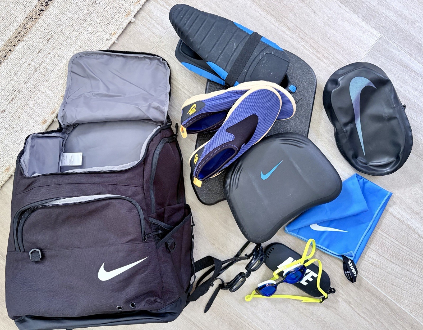 Nike Swim Kit – Bag, Goggles, Boards, Pouches, Towel, Shoes (9M), Fins