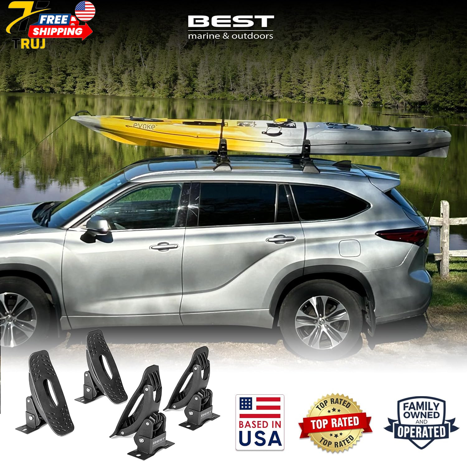 Universal Kayak Roof Rack Saddles for Cars Trucks & SUVs Easy Mounting Black