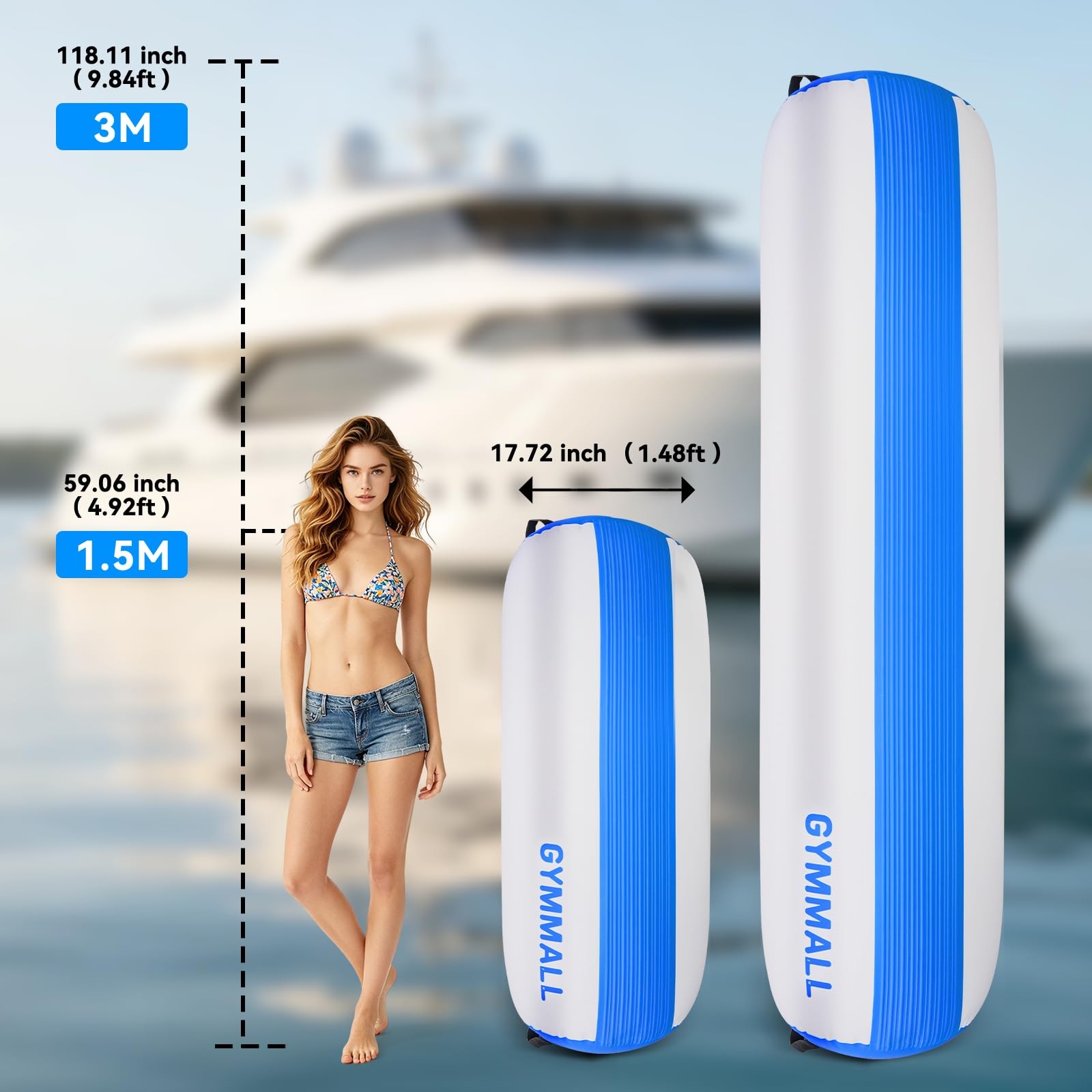GYMMALL Inflatable Boat Bumpers for Docking Fenders 5’x18″, Blue Gray