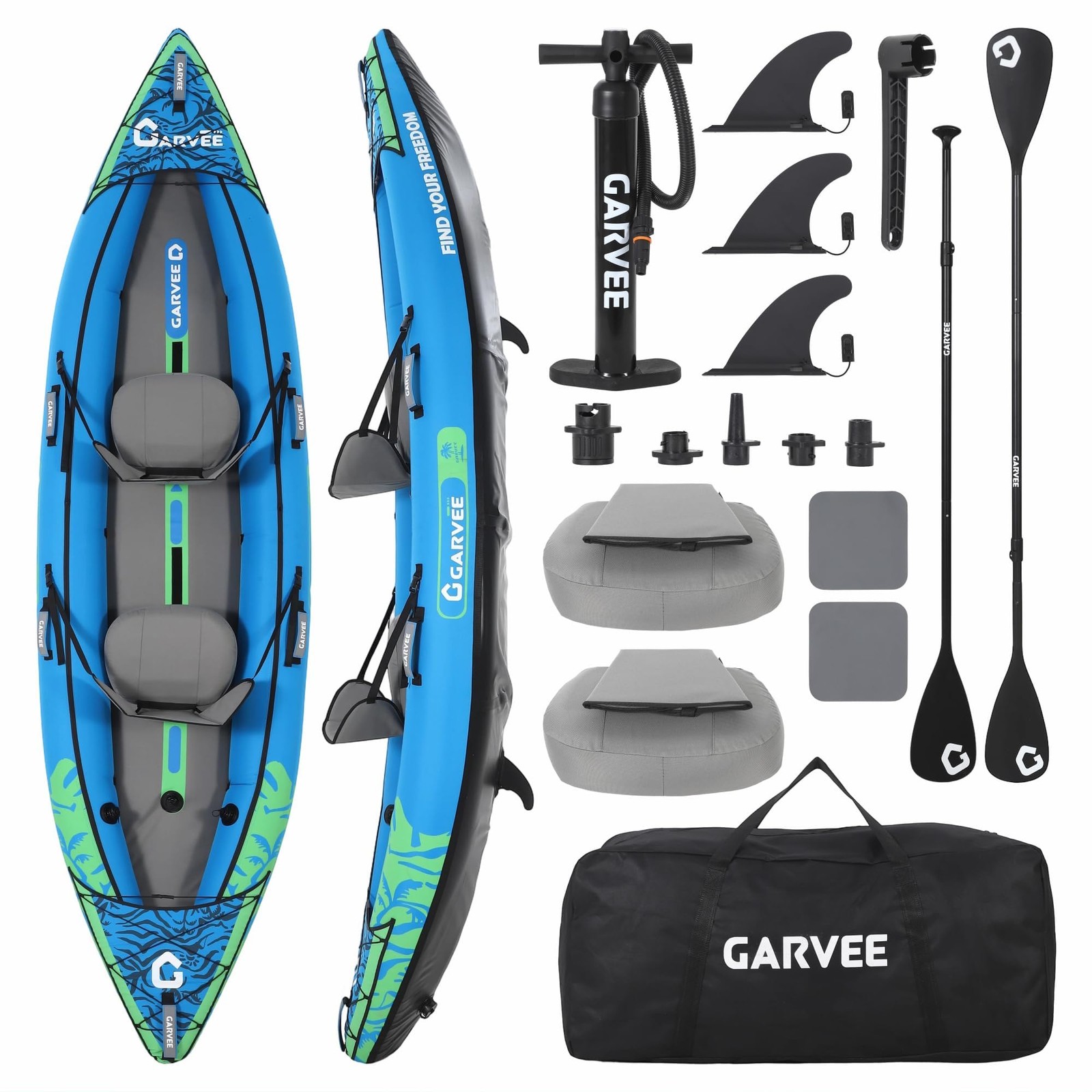 450LBS 2 Person Inflatable Kayak 12.5FT Fishing Kayak Padded Seats 3 Fins Hand