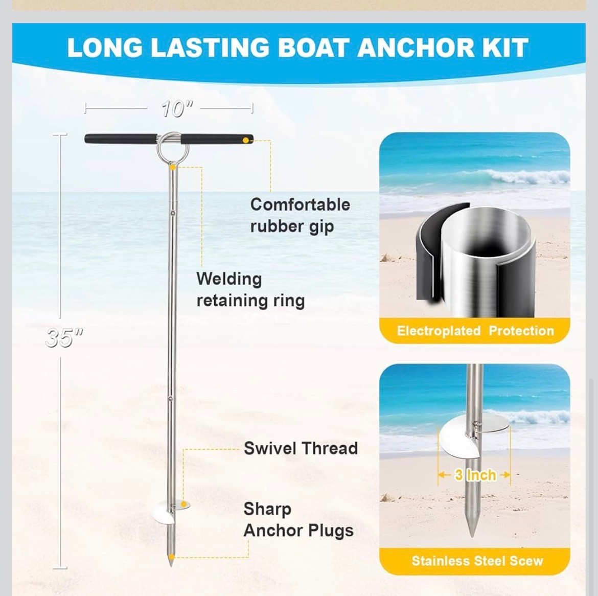 Boat Kayak Anchor 35″ Shallow Water Sand Anchor Stainless Steel Staring Sand