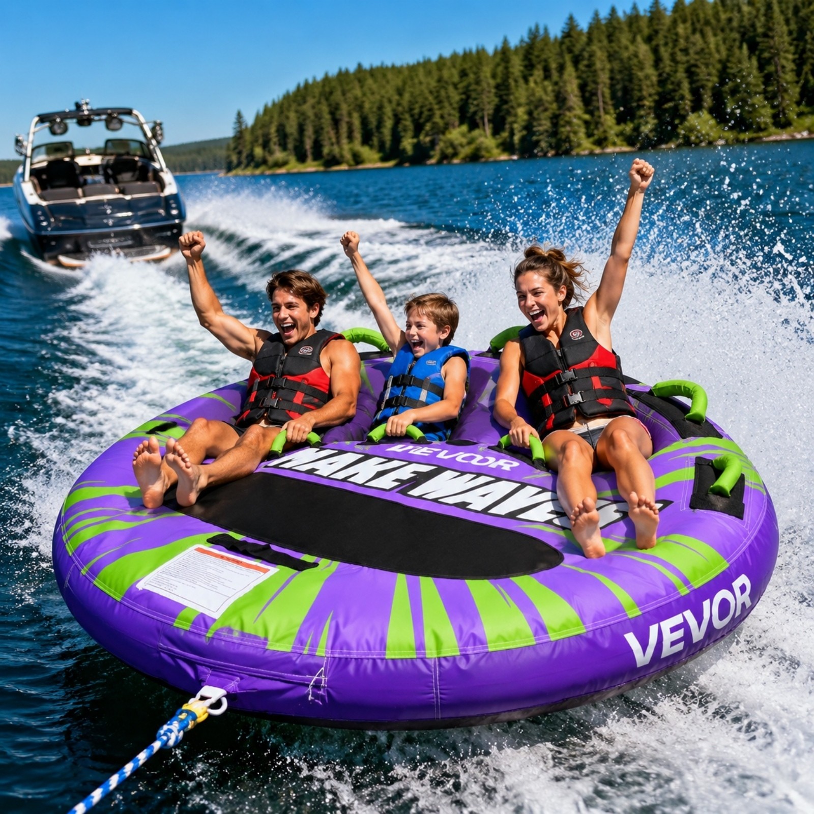 2 Person Towable Boat Tube Inflatable Water Sport Tube w/ Anti-Slip Pad Handles