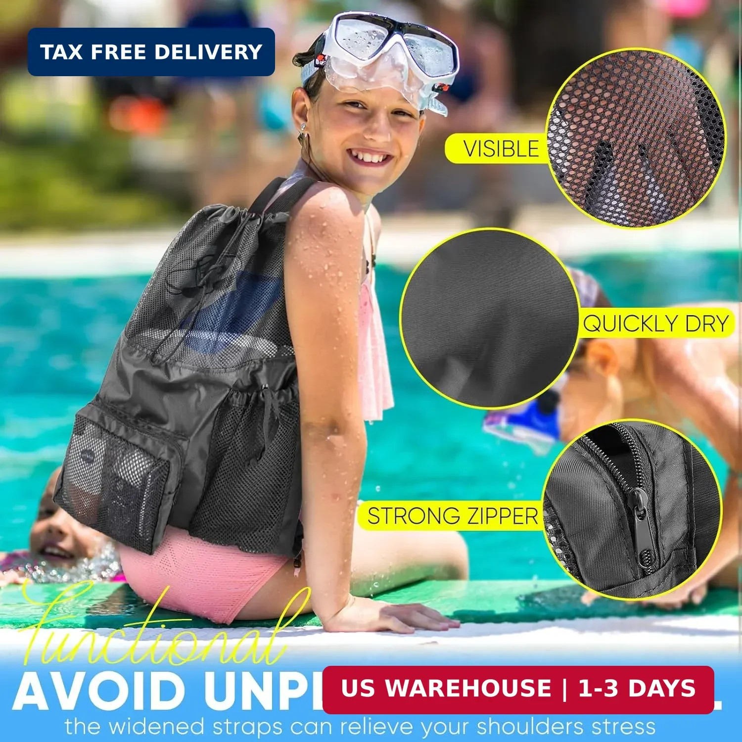 HOHOM Swim Mesh Beach Bag, Waterproof Gym Bags for Women and Men, Large Pool Bag