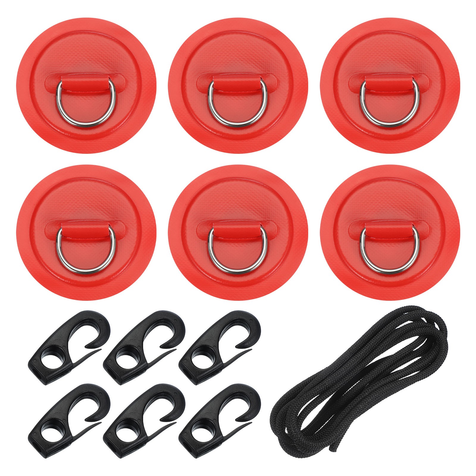 6Pcs Stainless Steel D-Ring Patch Round Patch with Elastic Cords & Hooks Red