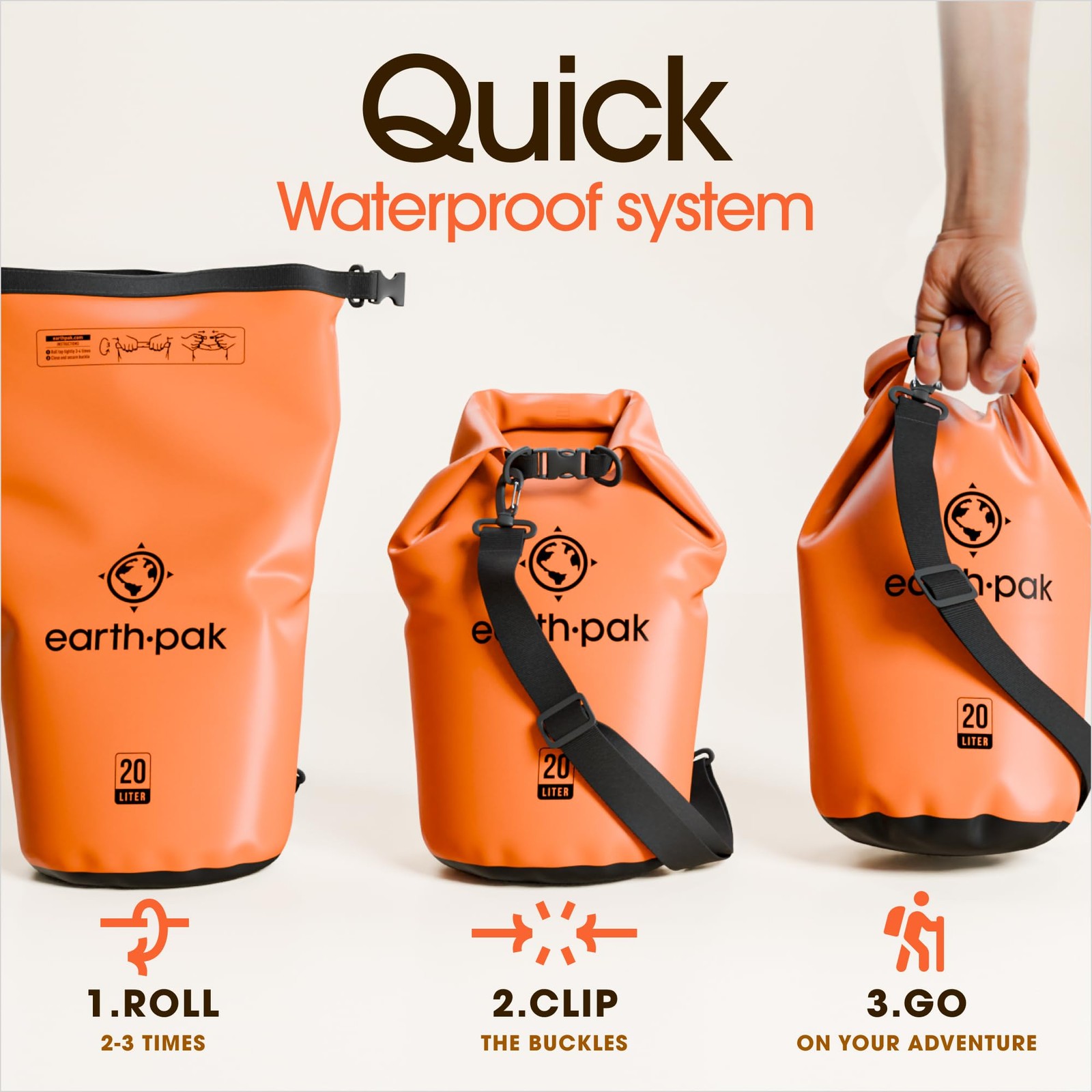 Earth Pak Waterproof Dry Bag – Roll Top Backpack Sack 30L, Orange