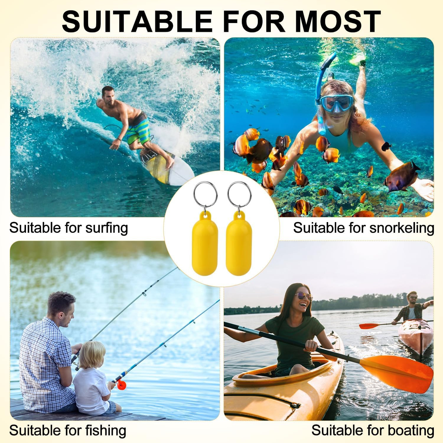 2 Pcs Floating Boat Keychains, Yellow Oval Buoy Float Key Rings for Boating, Fis