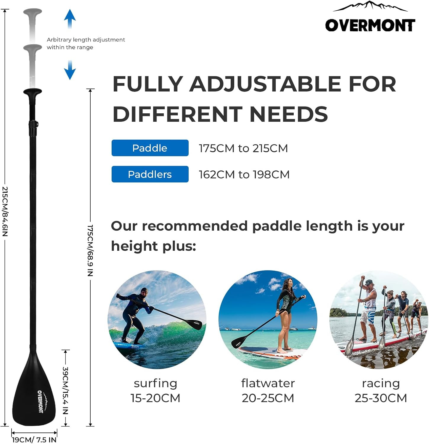 Overmont Carbon Fiber SUP Paddle, 3-Piece Adjustable 69″-85″ Stand Up Paddle Boa
