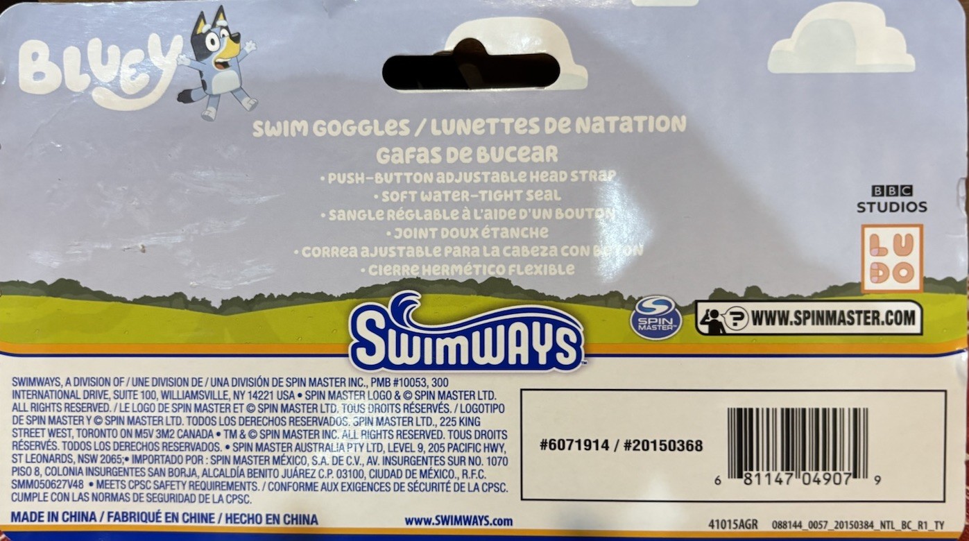 Bluey Kids Swim Goggles Age 3+ Adjustable Strap Swim Mask Factory Sealed New