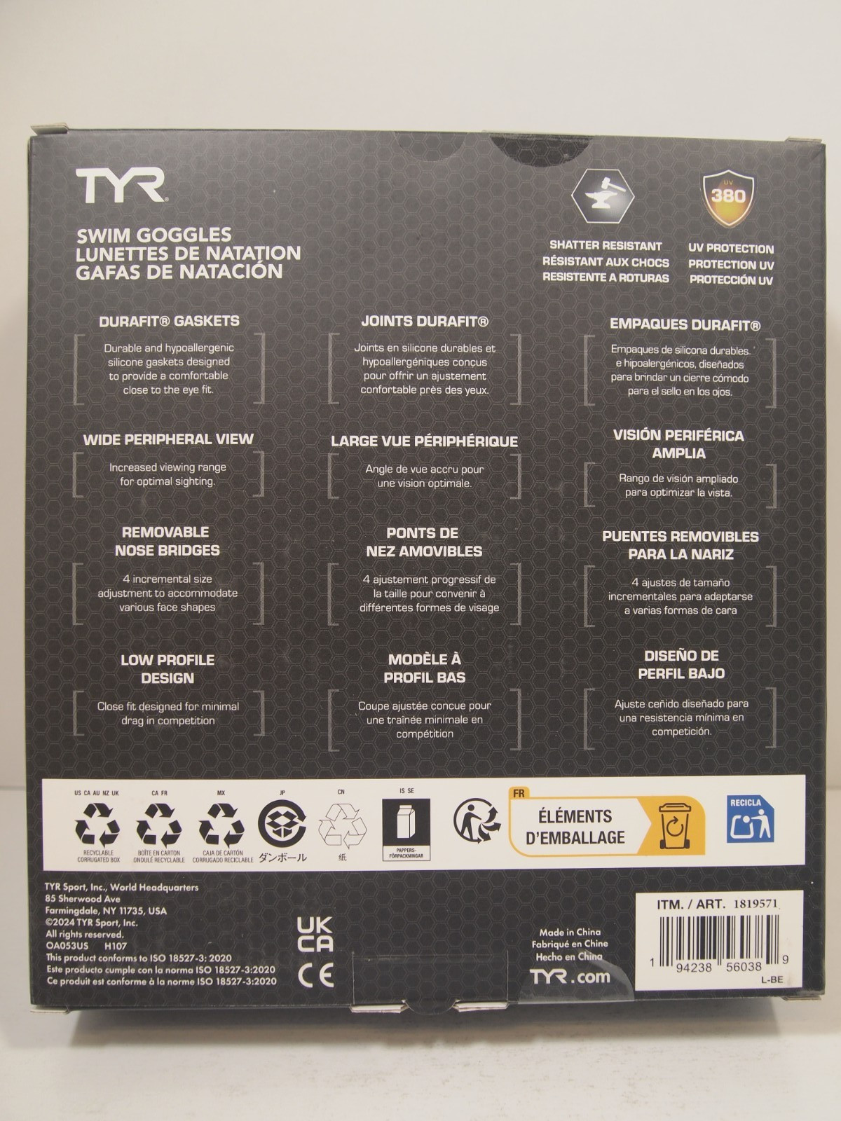 TYR Adult Swimming Goggles 3 Pack Black/White/Blue UV Protection Swim Pool