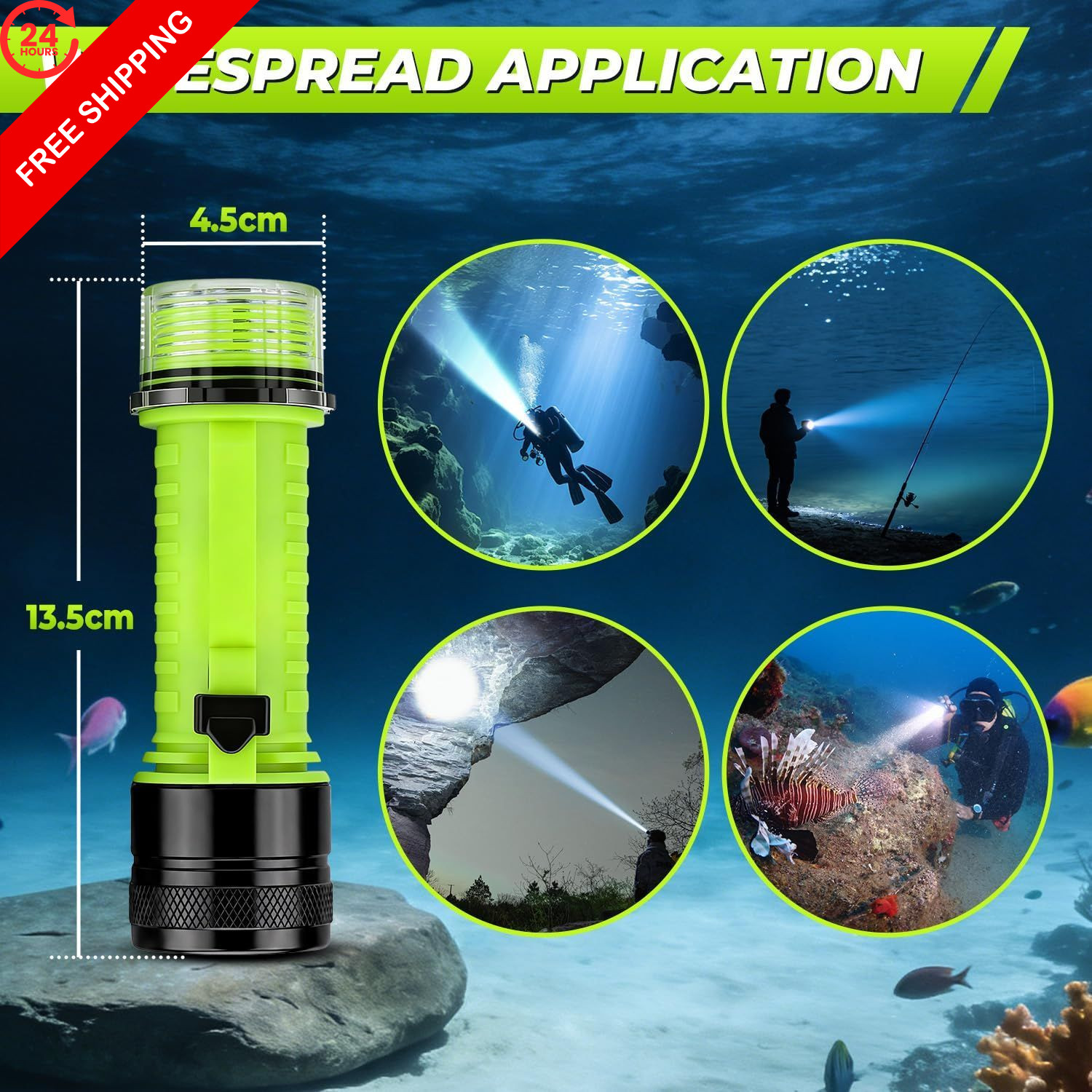 FISHOAKY Diving Flashlight Underwater LED Light, 1500 Pocket Size, Black