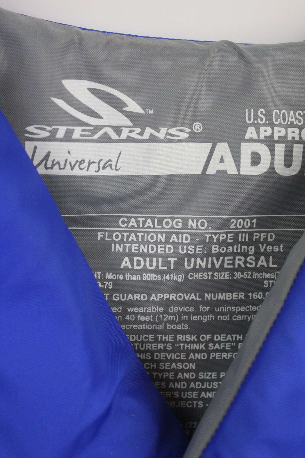 Stearns Universal Life Jacket Type III PFD Chest 30-52 Over 90 LBS Blue
