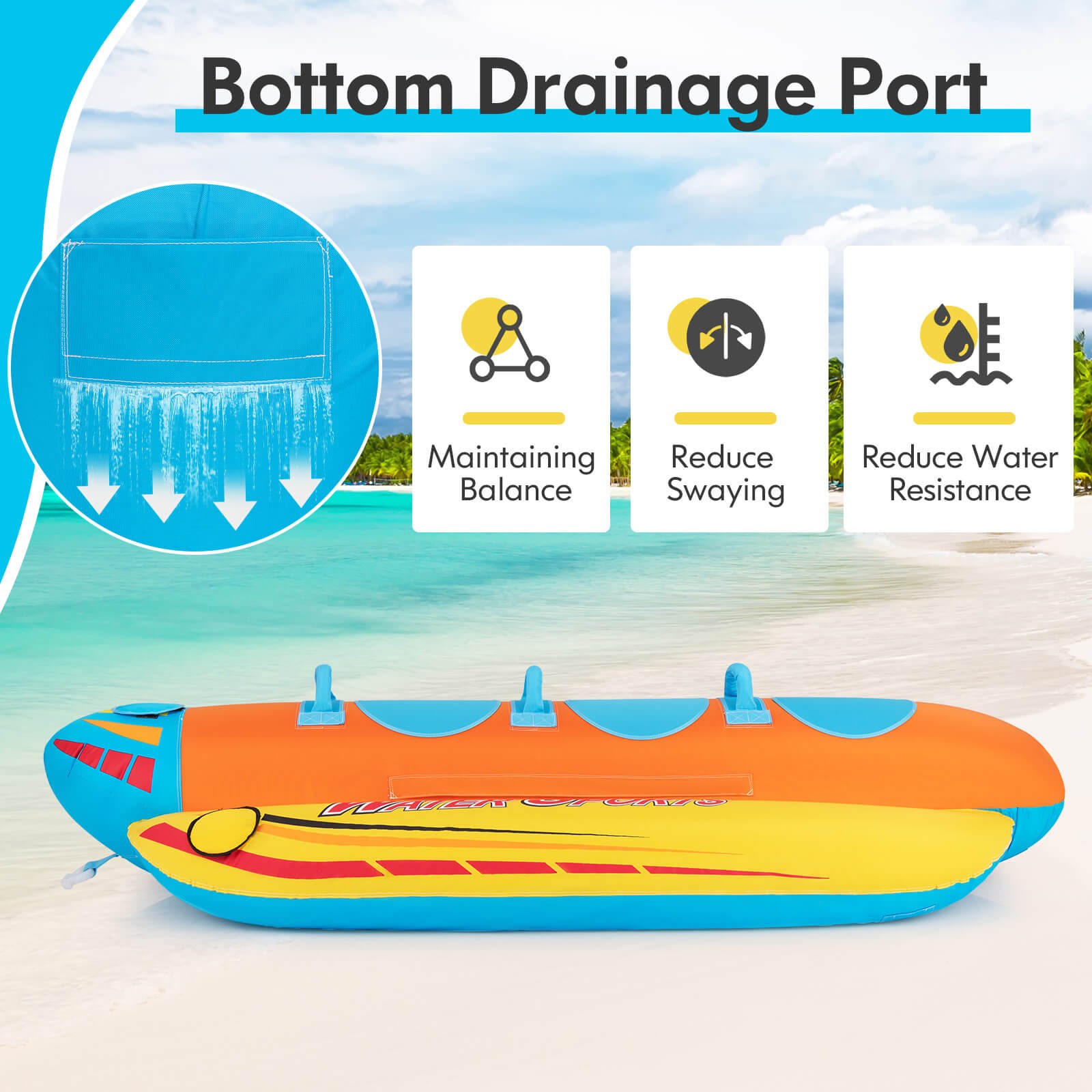3-Person Inflatable Banana Boat w/ Boating & Water Sports 3 EVA-padded Seats