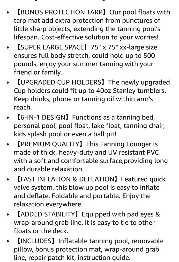 Luxury Tanning Pool (PINK) Inflatable Float w/ Pillow 75×75 in Age 3+ 500Lb