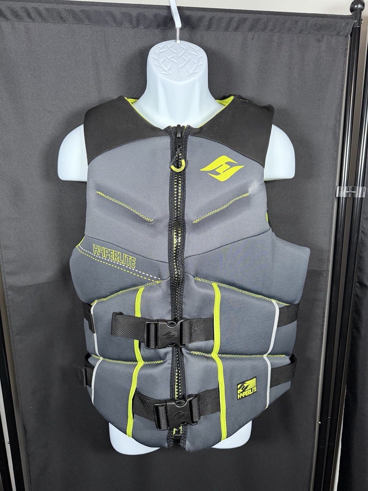 Hyperlite Men’s 2XL Life Jacket Vest Gray Black Neon Yellow USCG Approved