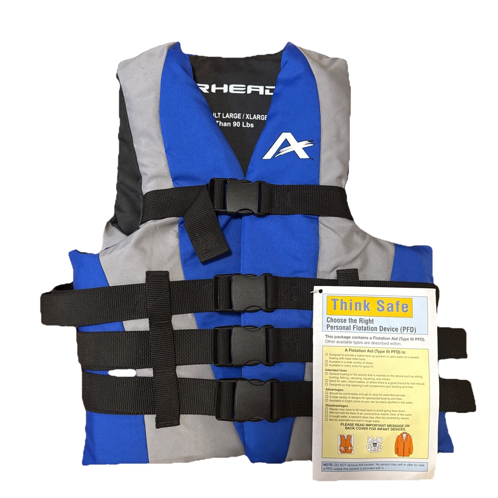 Airhead Adult Large/XL Life Jacket PFD Blue Gray Personal Flotation Device