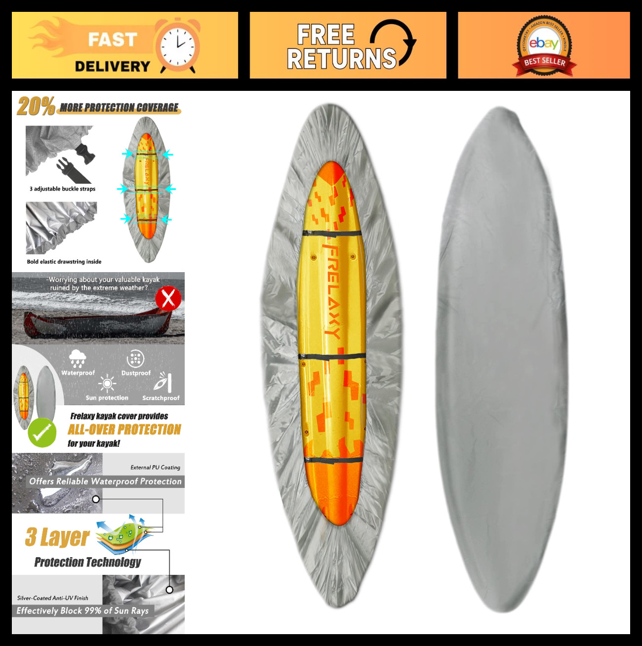 Heavy Duty Waterproof Kayak Cover 9.8-13.5ft, UV Resistant Canoe Storage Dust Co