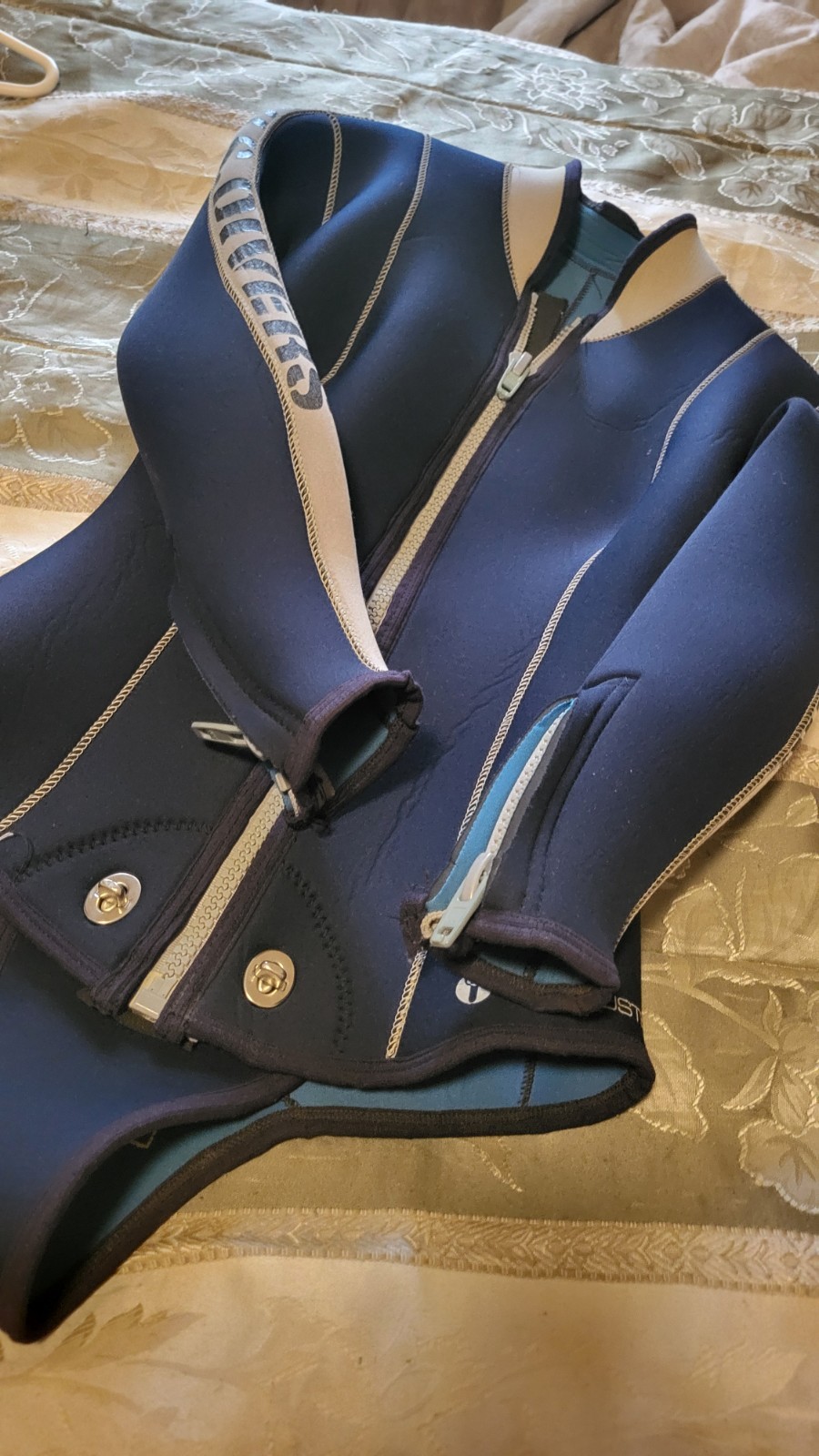 US Divers JM Cousteau 6 mil 2-piece wetsuit M blue gray crotch strap 3500 12 zip