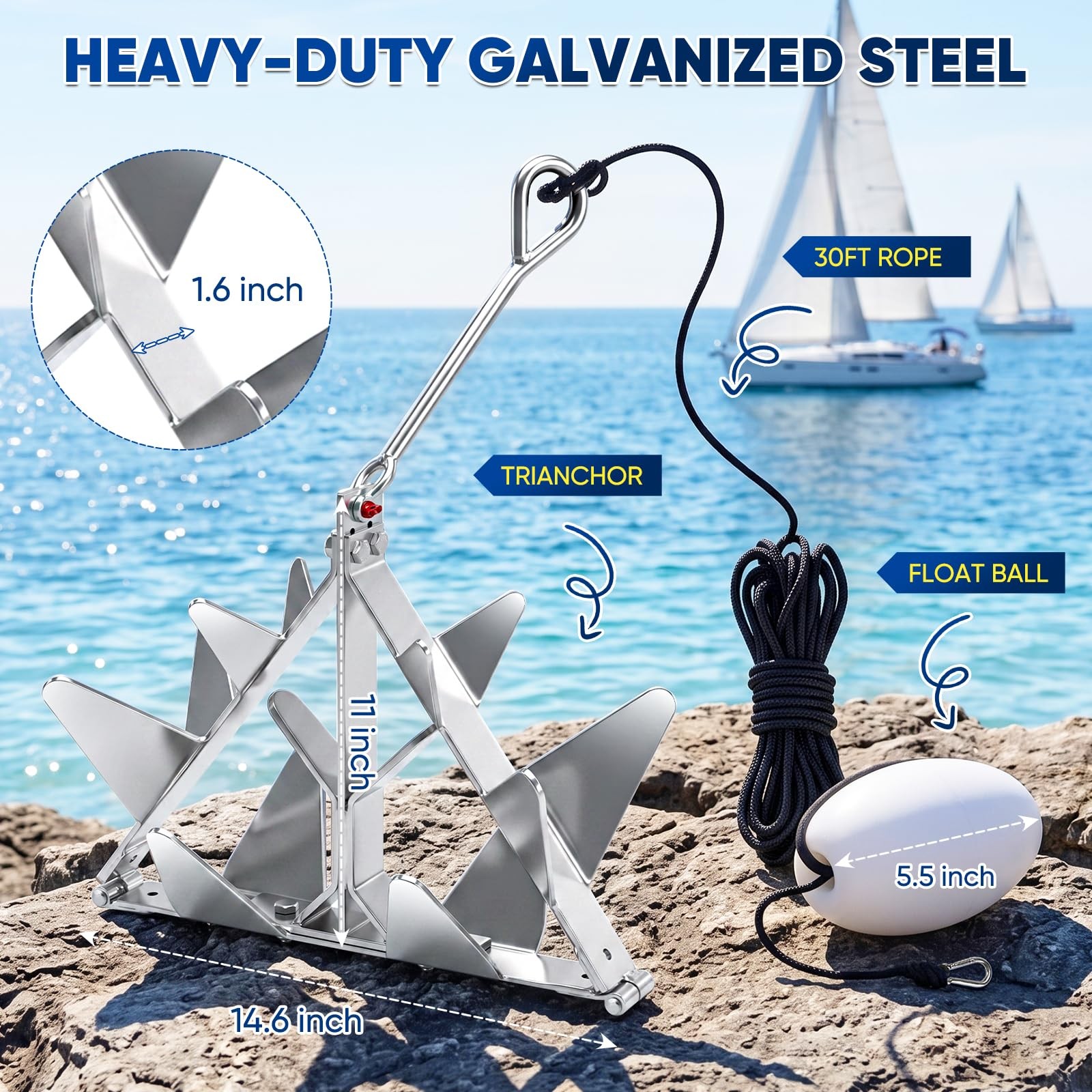 9 lb Galvanized Steel Boat Anchor Kit Folding for Small and Medium Boats