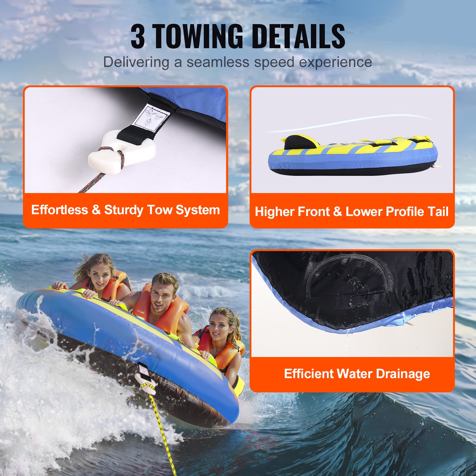 Uimoso Inflatable Towable Tube for Boating, 1-3 Riders, with Bumper Fins