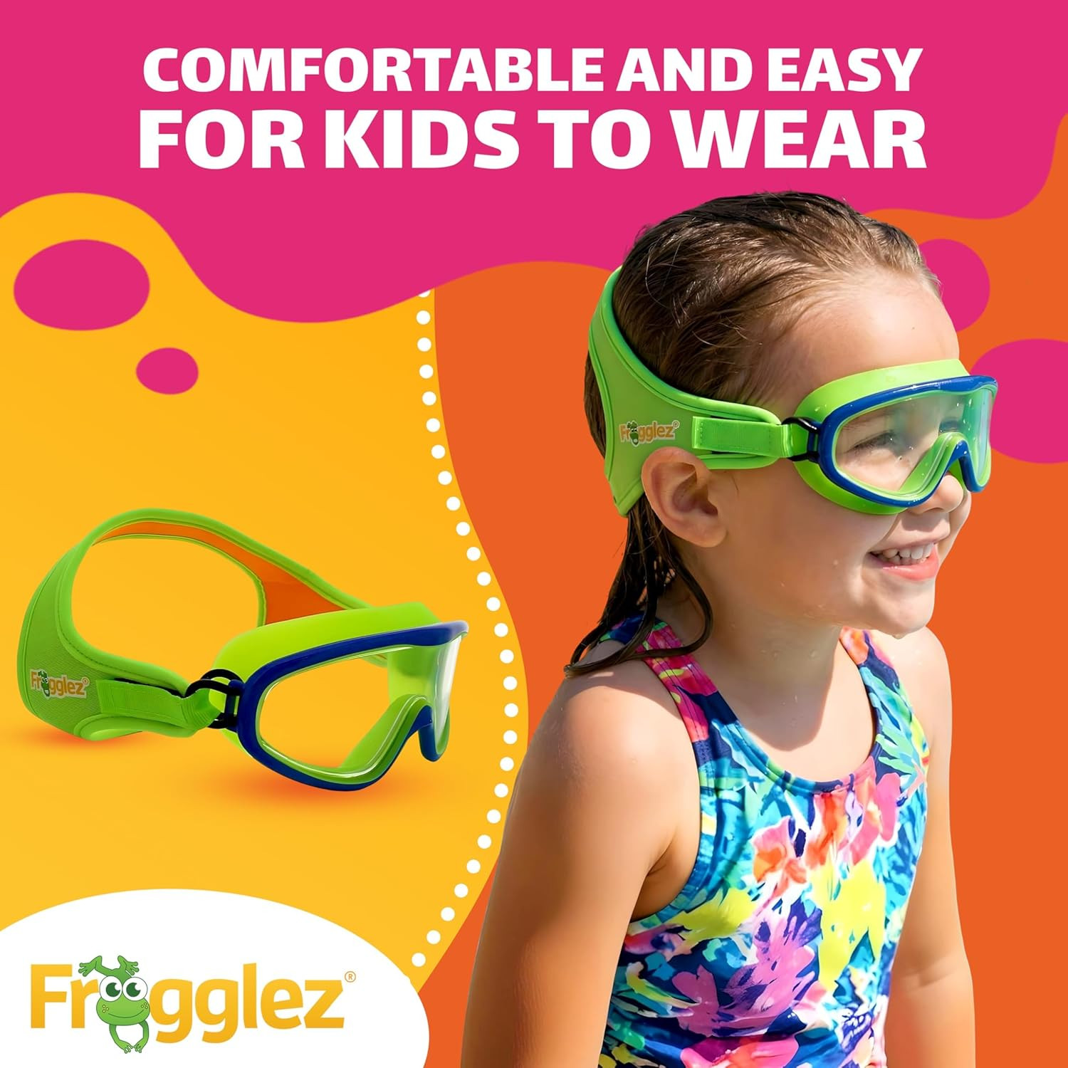 Frogglez Youth Wide View Anti-Fog Crystal Clear Swim Goggle Mask for Kids under