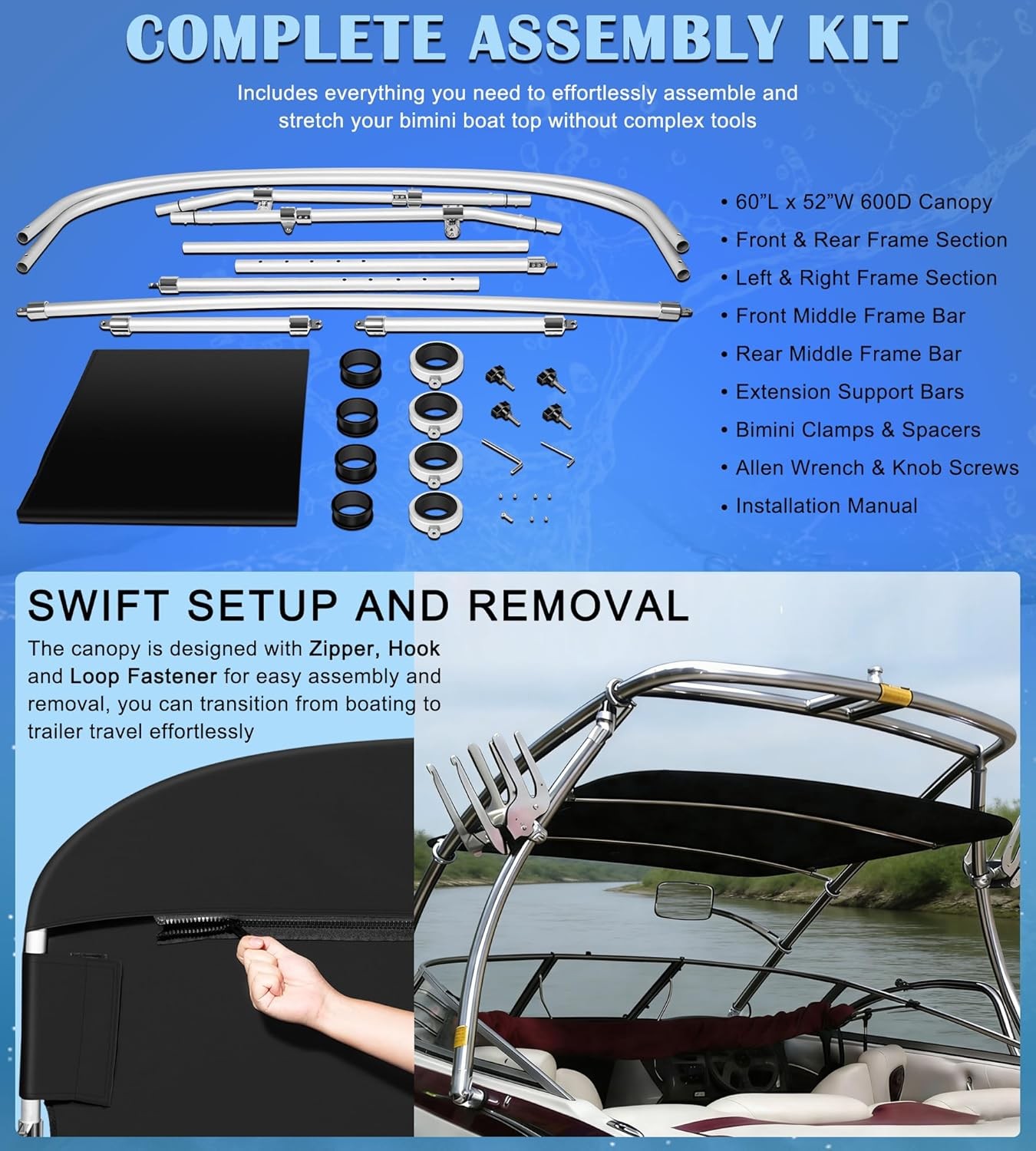 Universal Wakeboard Tower Boat Bimini Top -600D Bimini Top Canvas Frame & Clamps