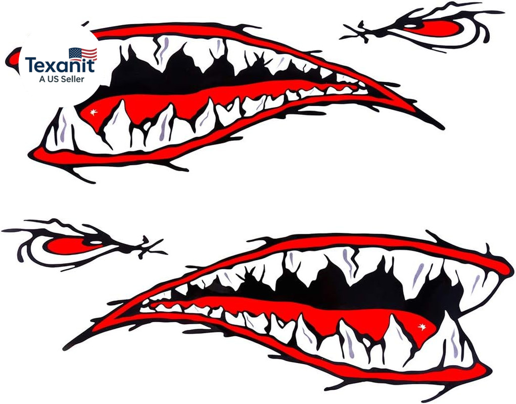 2Pcs Shark Teeth Mouth Kayak Stickers，Kayak Decals Waterproof DIY Funny Graphics