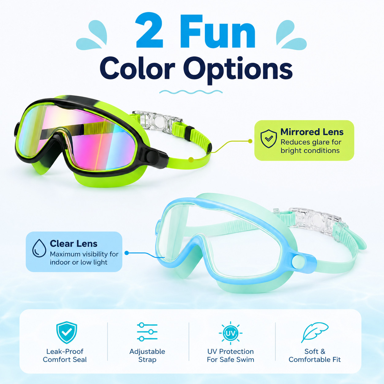 2 Pack Swim Goggles with Waterproof Earplugs & Nose Clip for Adults/Kids, Anti-F