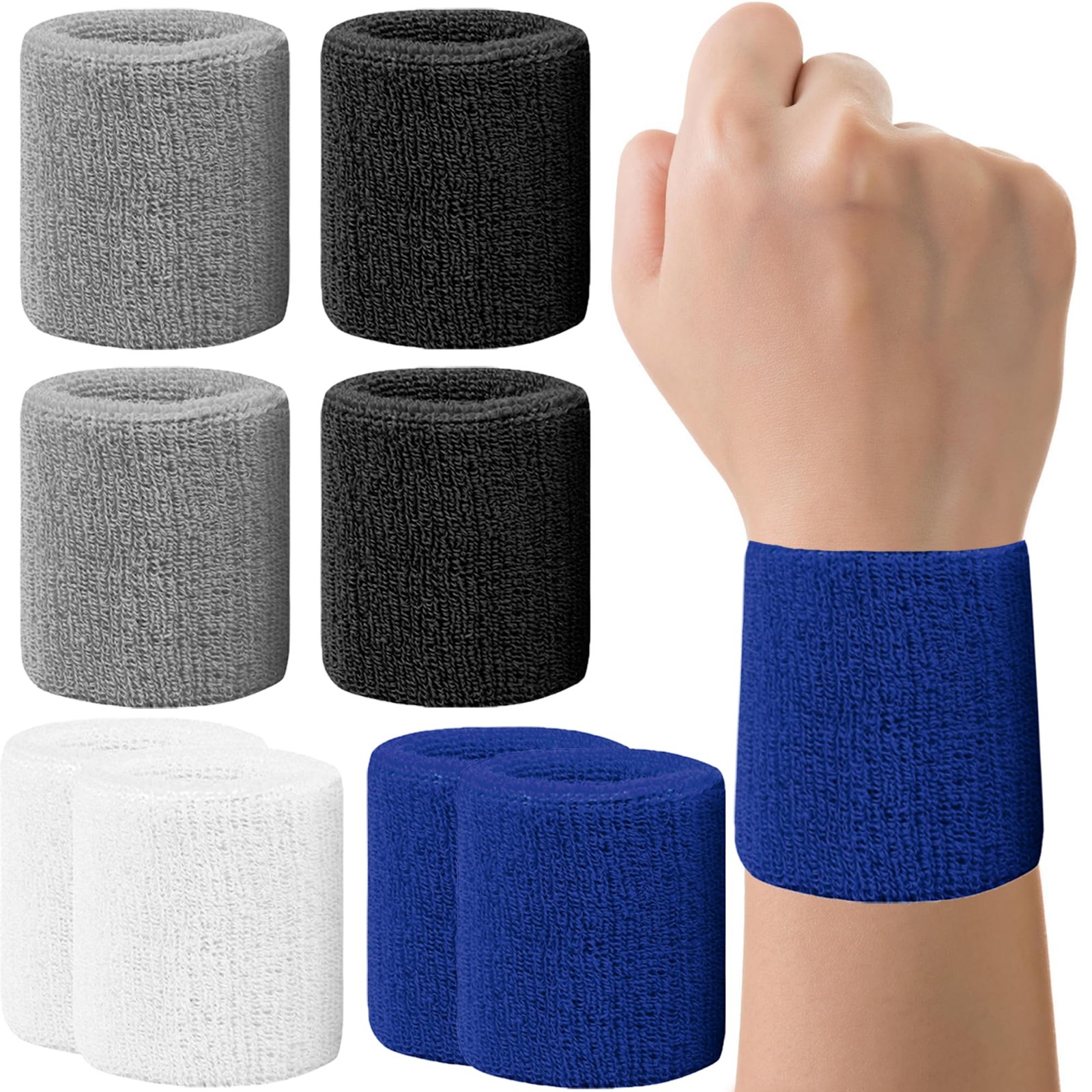 IMAGERIO 8 Pack Wrist Sweatbands Tennis Assorted, Blue+Black+White+Gray