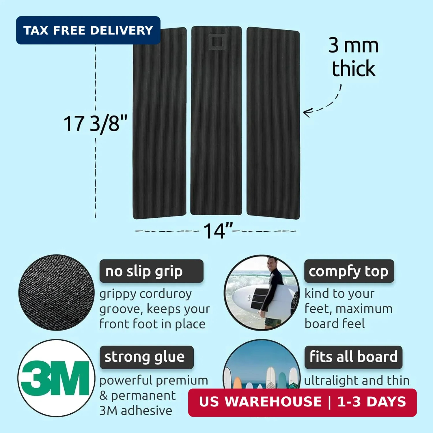 3-Piece Traction Pad – Arch, Flat, or Front – Maximum Grip, Super Strong 3M Adhe