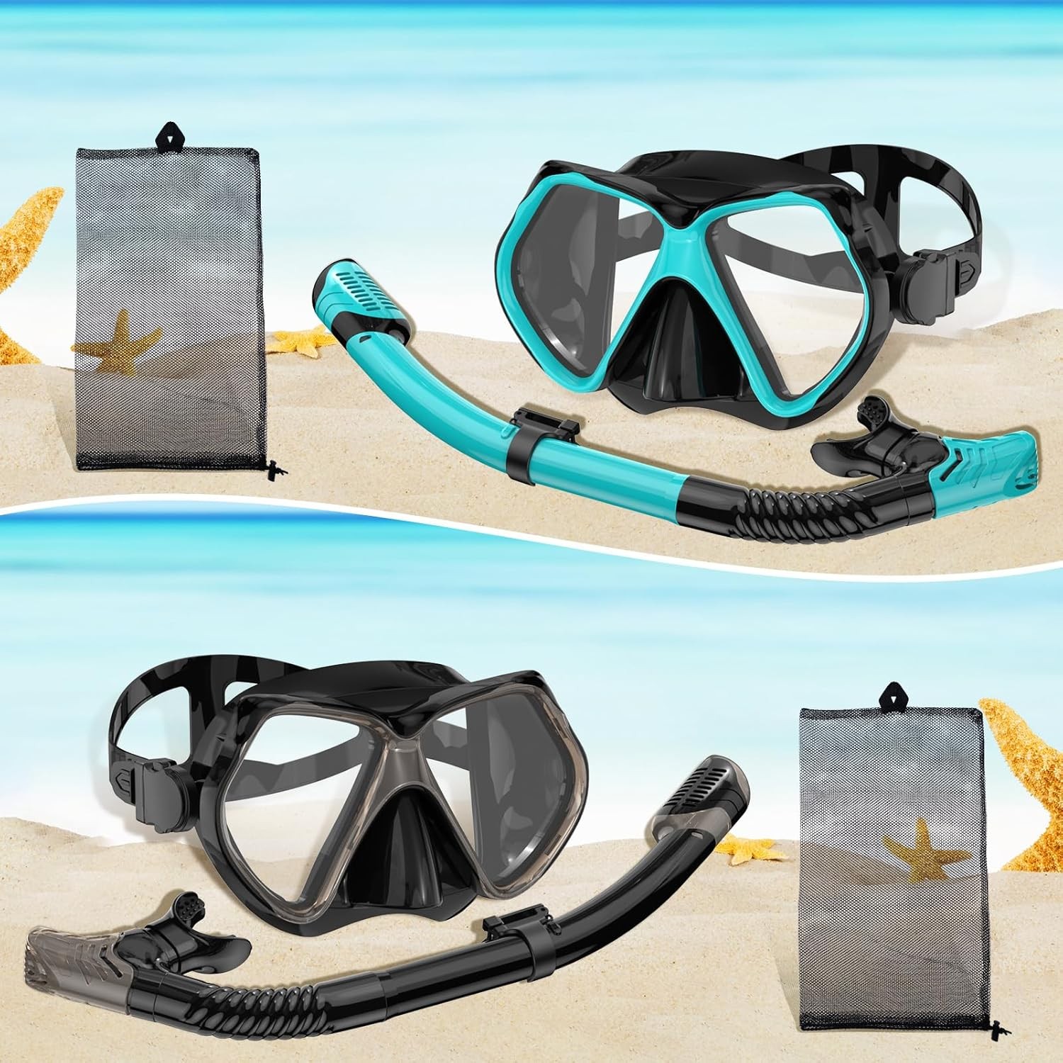 2 Pack Snorkeling Gear for Adults, Dry Snorkel, Mask Set Adult, Gray+Green