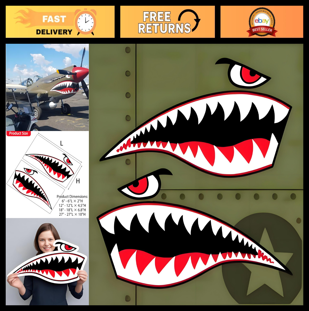 Waterproof Shark Teeth Decals for Kayaks & Fishing Boats – PVC Stickers, 18″