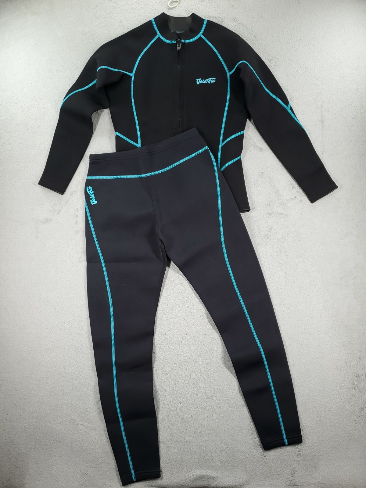 Goldfin Wetsuit Womens M Black Cyan 2 Piece Full Length Long Sleeve Diving Surf