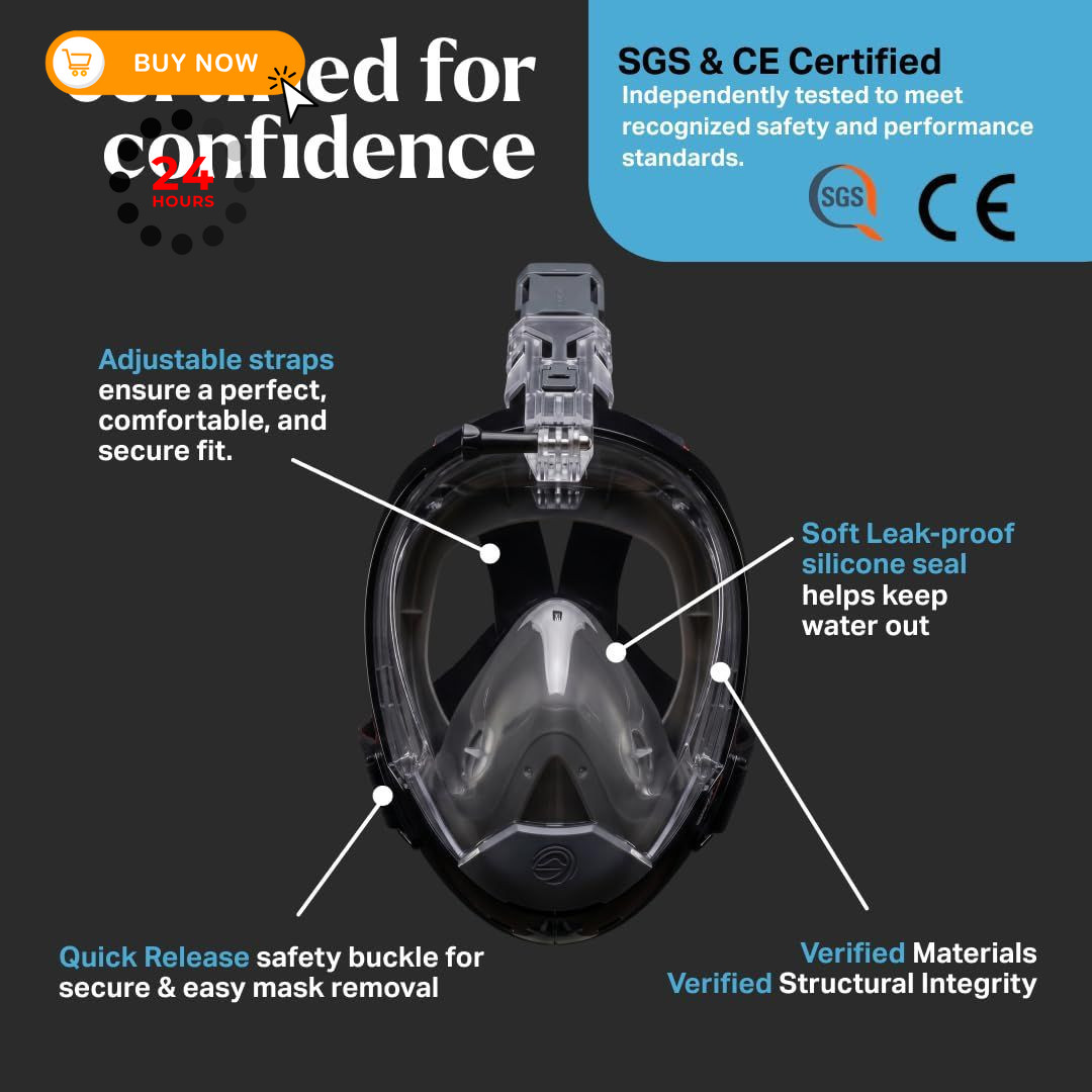 Seaview 180 Sport Full Face Snorkel Mask Adults, 180 Small-Medium, Stealth