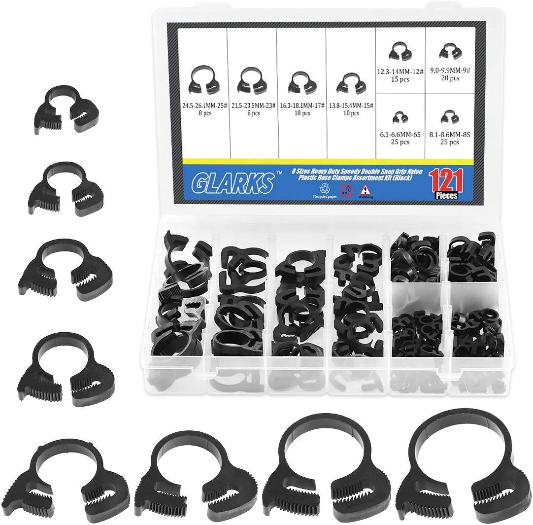 Glarks 121Pcs 8 Size Heavy Duty Black Double Gripping Nylon Hose Clamps Set …