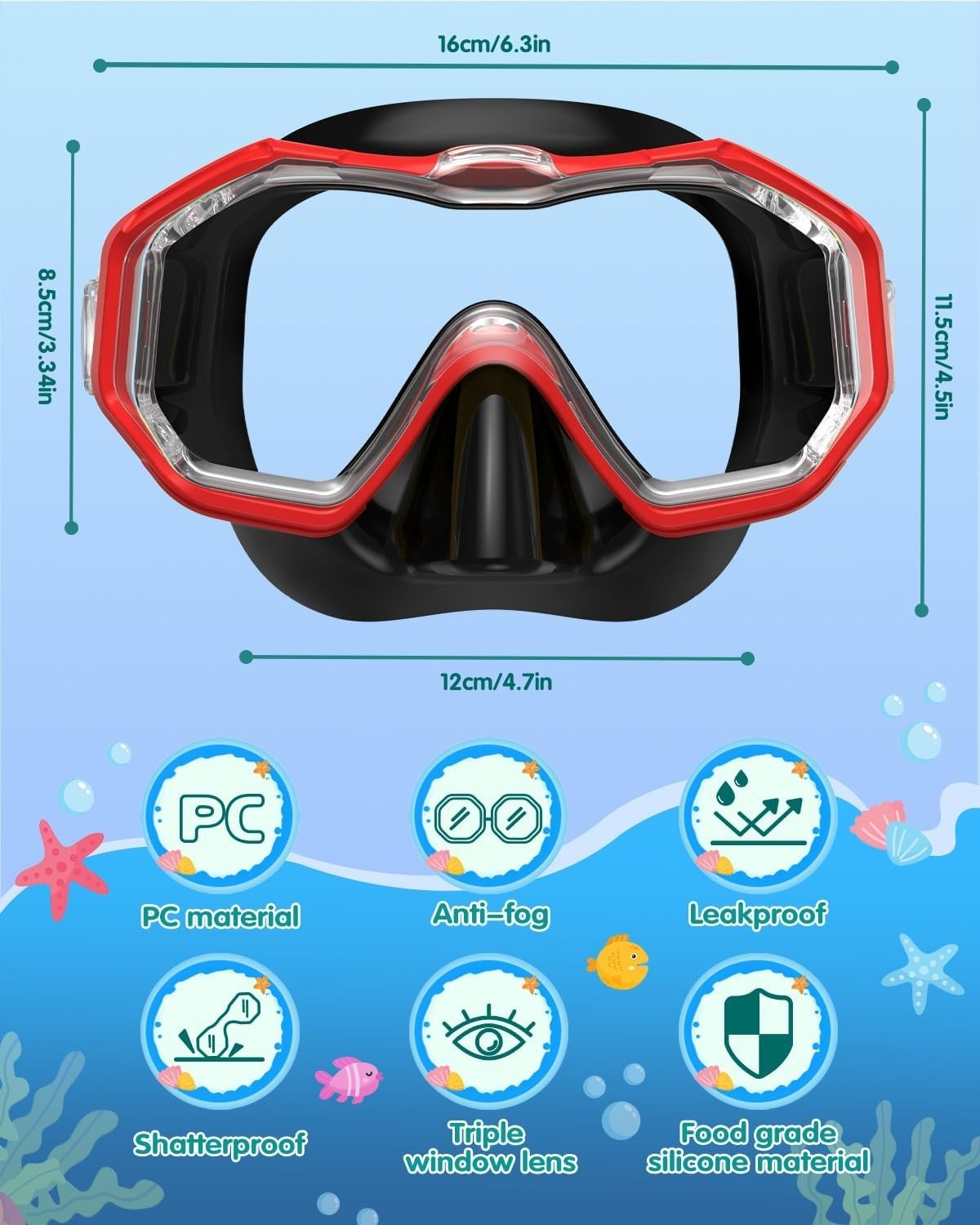 “Swim Goggles with Nose Cover,Latest HD 3-Window Wide Adults 1 Pack Black Red “