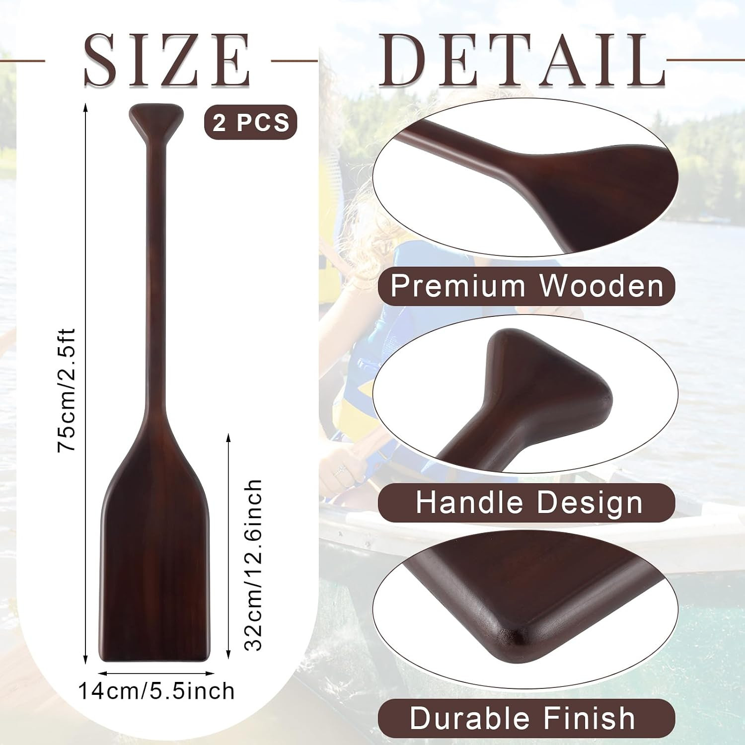 2 Pcs 2.5-4Ft Wooden Canoe Oar Paddle, 30-48” Solid Pine Paddle Canoe, for Kaya