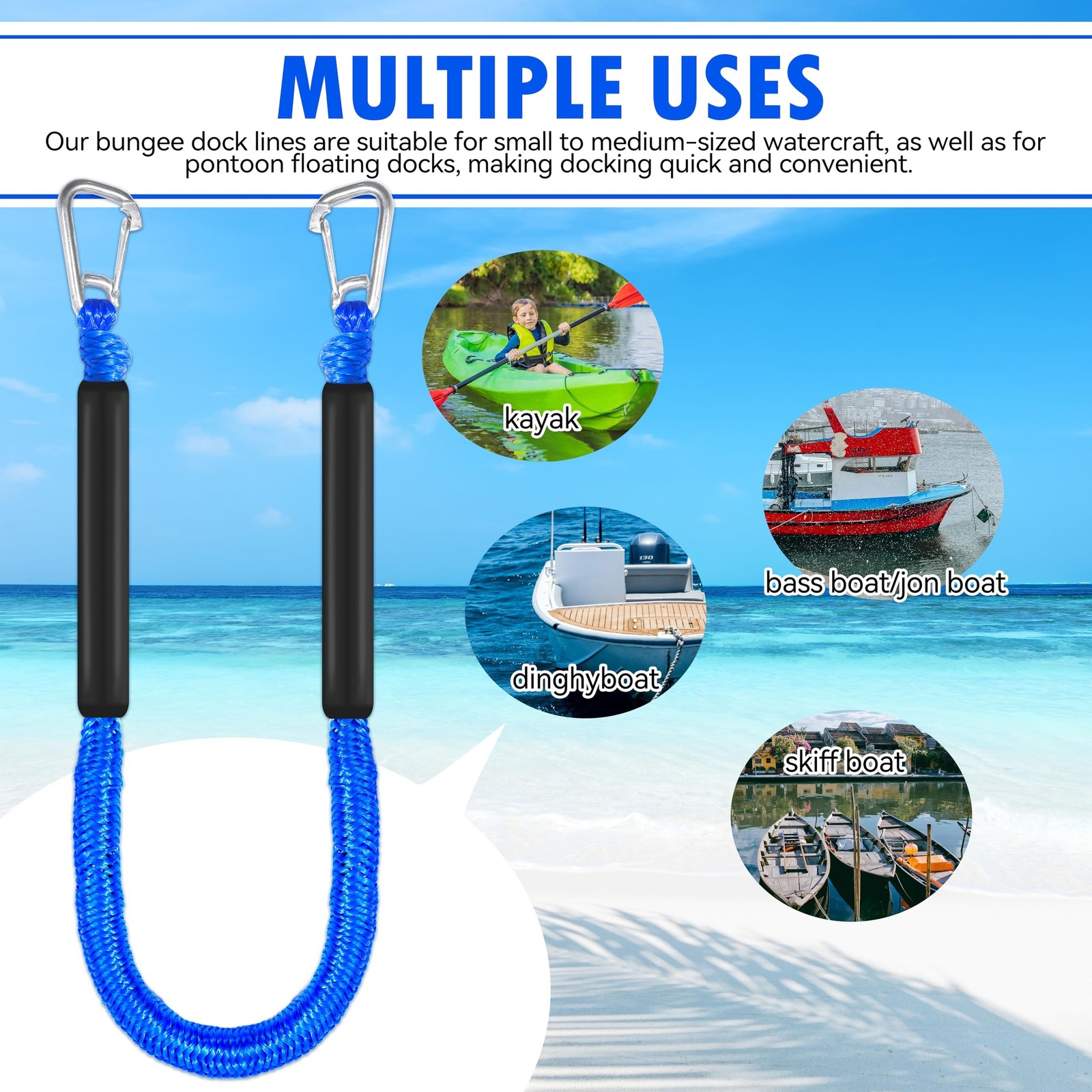 4ft Bungee Dock Lines for Boat, Dock Mooring Ropes, Two Hooks (Blue, 4FT) Blue