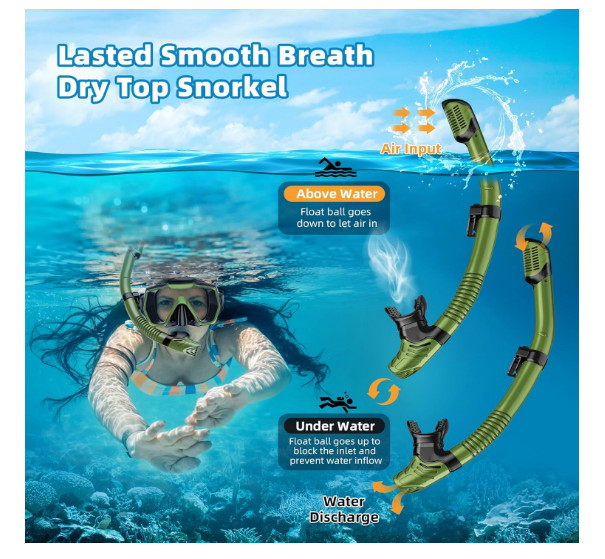 Snorkel Set Army Green Adult Mask Anti-Fog Anti-Leak Dry Top Dive Gear Kit, Gift