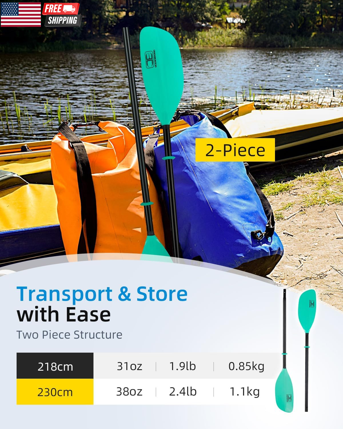 Kayak Paddle 86In/218Cm, 90.5In/230Cm Alloy Shaft 2-Piece Floatable Kayak Oar fo