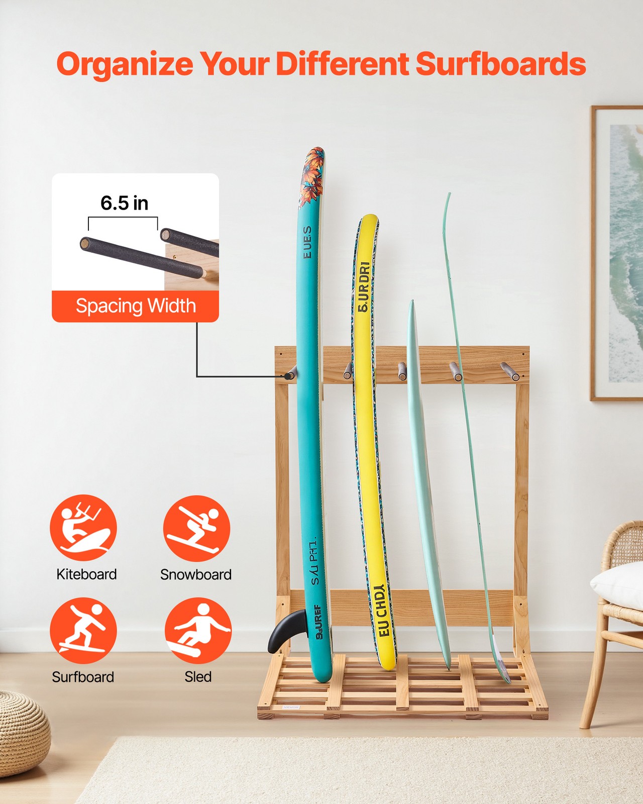 VEVOR Vertical Surfboard Stand 4 Tiers Wood Surfboard Rack for Storage & Display