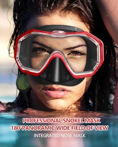 Swim Goggles with Nose Cover,Latest HD 3-Window Wide Adults 1 Pack Black Red