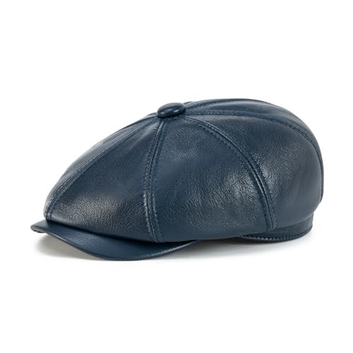 Men Women Genuine Newsboy Leather Cap 8 Panel Gatsby Ivy Hat 7 1/4 Navy