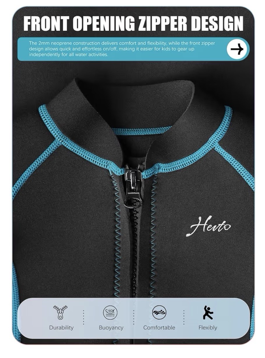 Hevto Kids Wetsuit XL 14-16 2mm Shorty Front Zip Swim Surf Blue