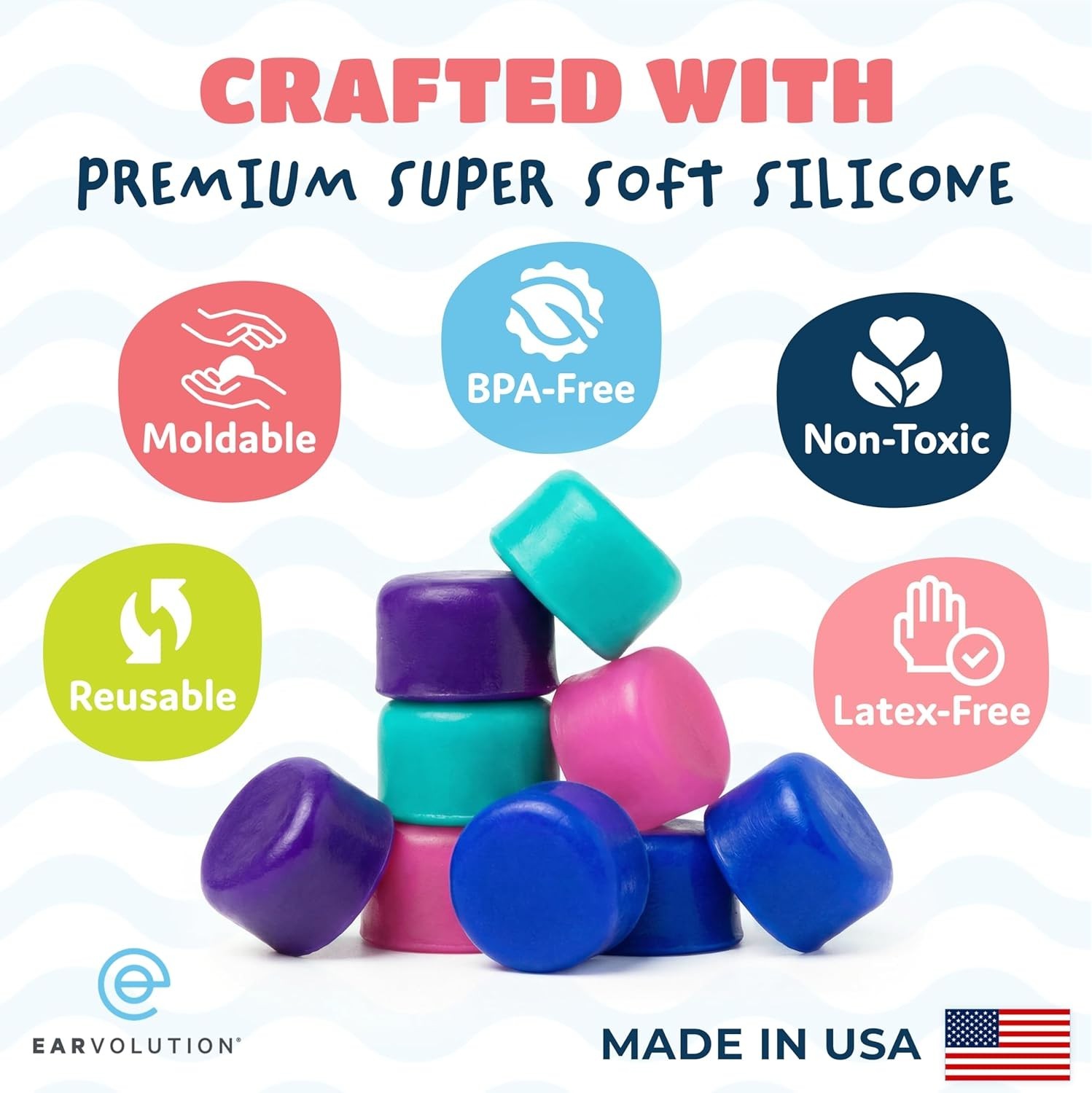 Earvolution Moldable Silicone Ear Plugs for Swimming – 3 Pair Pack – Waterproof