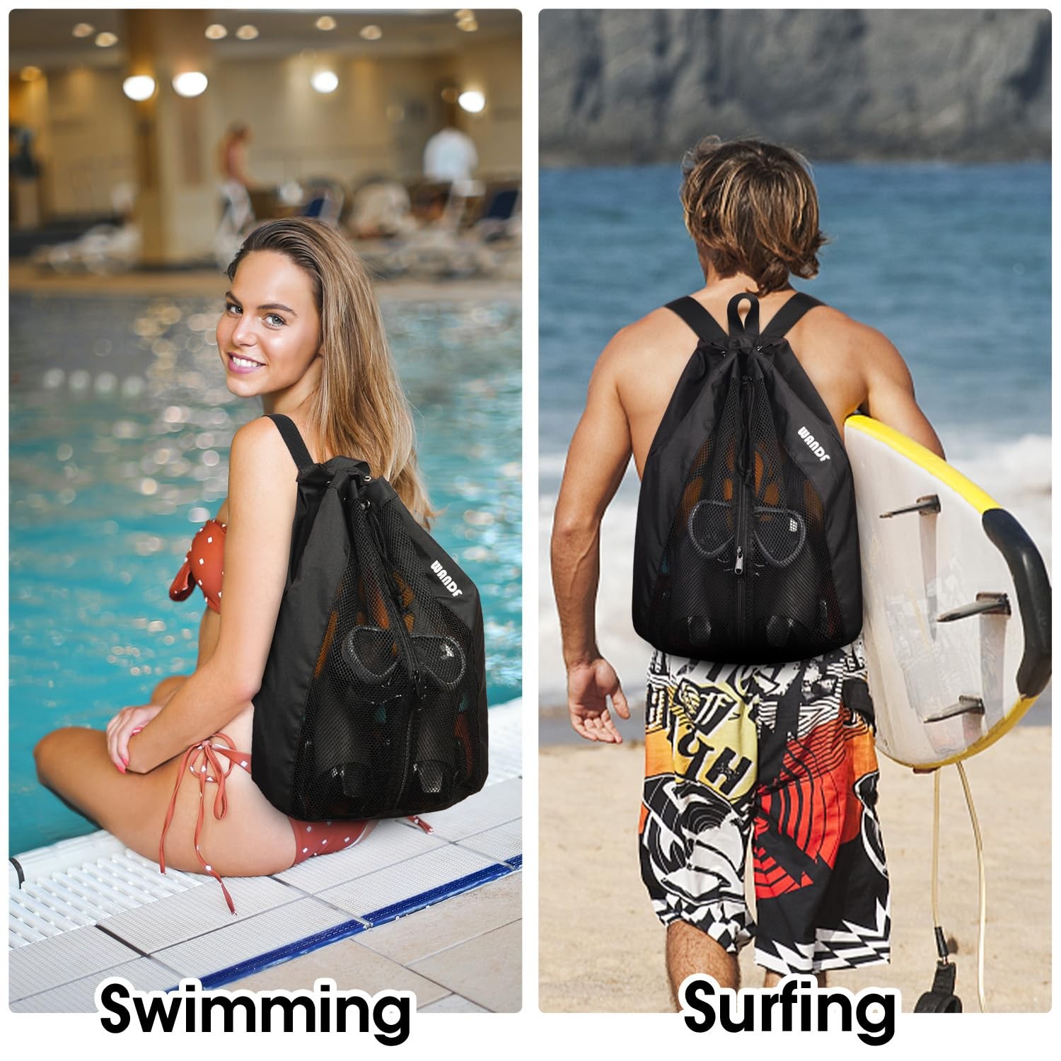 Black Mesh Drawstring Swim Bag for Swimmers with Wet Pocket Adjustable Beach