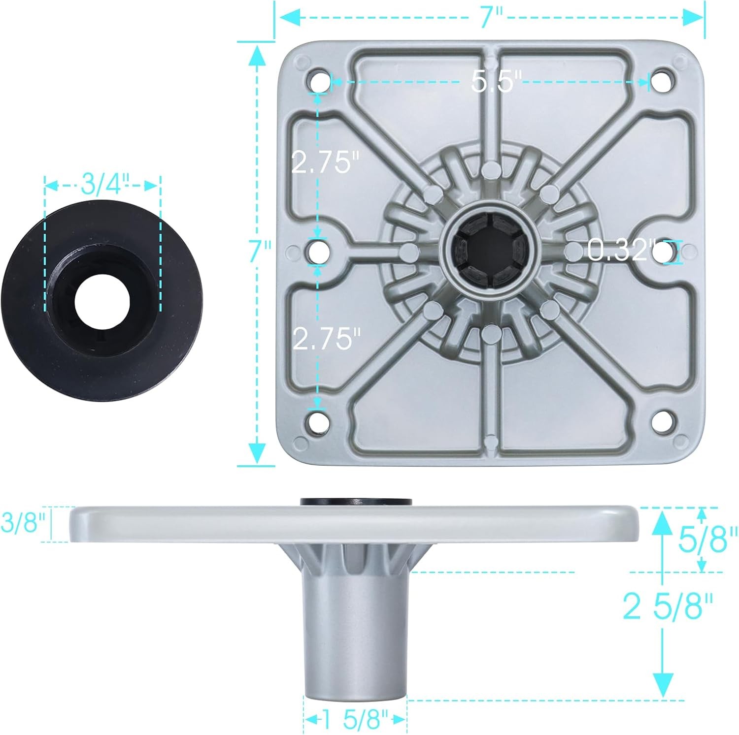 Boat Seat Base Mount Pedestal 1pack 7×7 Aluminum, Light Gray