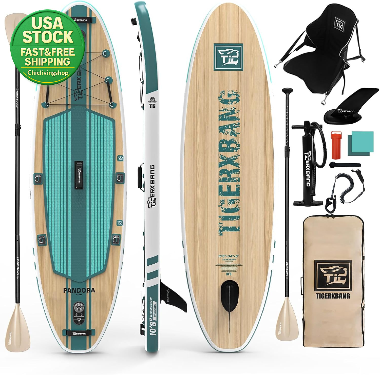 Inflatable Stand up Paddle Board 10.8Ft Wide SUP Kayak Kit Verdigris Green