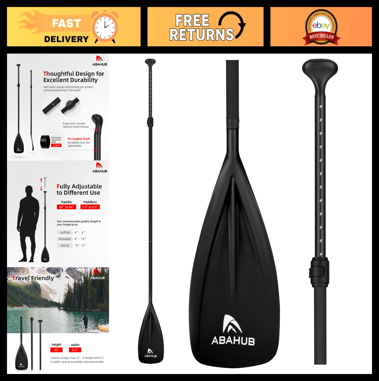 3-Piece Adjustable Stand Up Paddle 68-84″ | Lightweight Aluminum, Durable Blade,