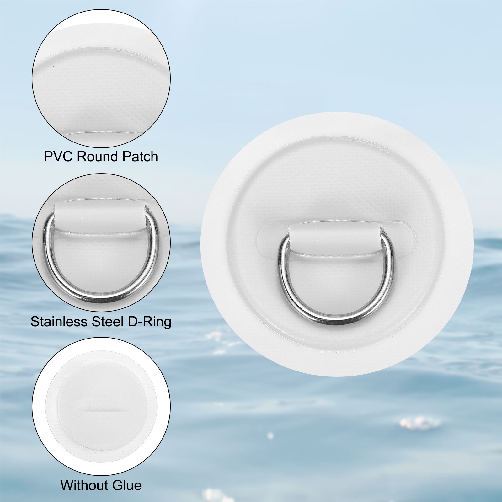 6Pcs Stainless Steel D-Ring Patch Round Patch with Elastic Cords & Hooks White