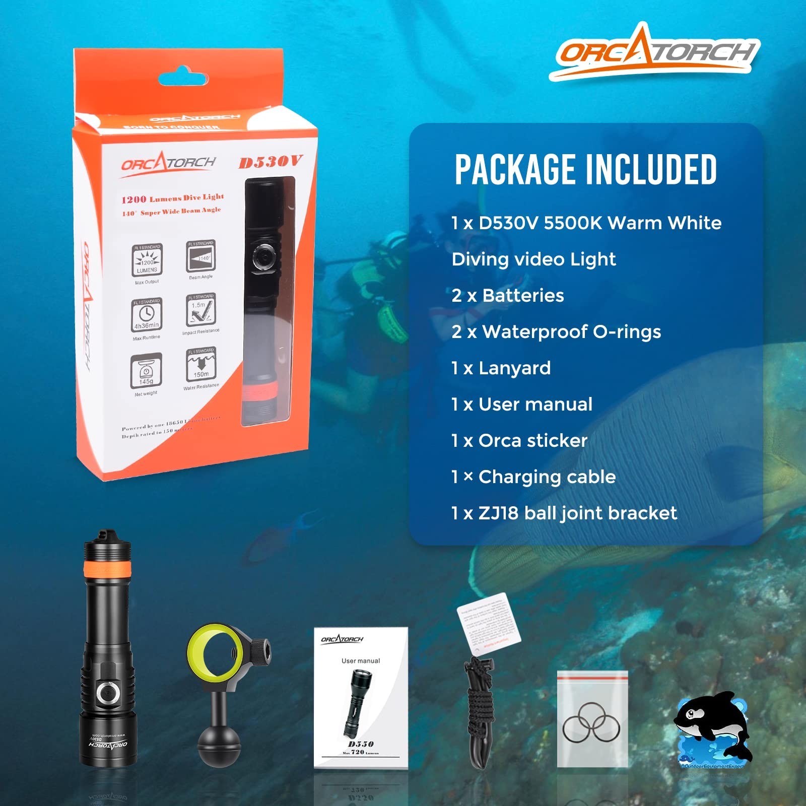 ORCATORCH D530V 1000 Lumen Scuba Dive Video Light 120 Degrees Wide Beam Angle…